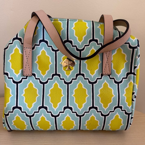 Kate Spade Cabana Tile Damien Bright Blue Green Graphic Satchel Rare - Picture 5 of 15
